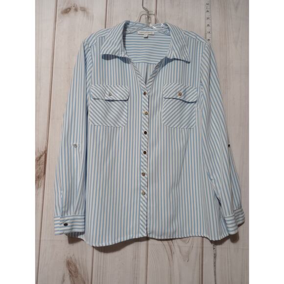 Notations Shirt Womens Large Blue White Striped‎ Button Up Long Sleeve Pockets - Picture 1 of 8
